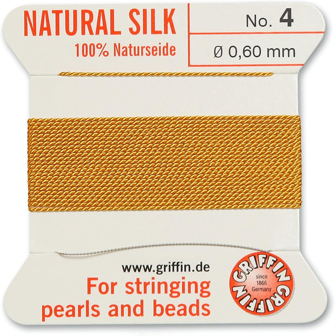Griffin Silk Bead Cord Perlseide – Size 4 (0.60mm) – 2 Meters per Card – Stainless Steel Needle Attached – for Knotting Pearls, Gemstones, Crystals and Beads